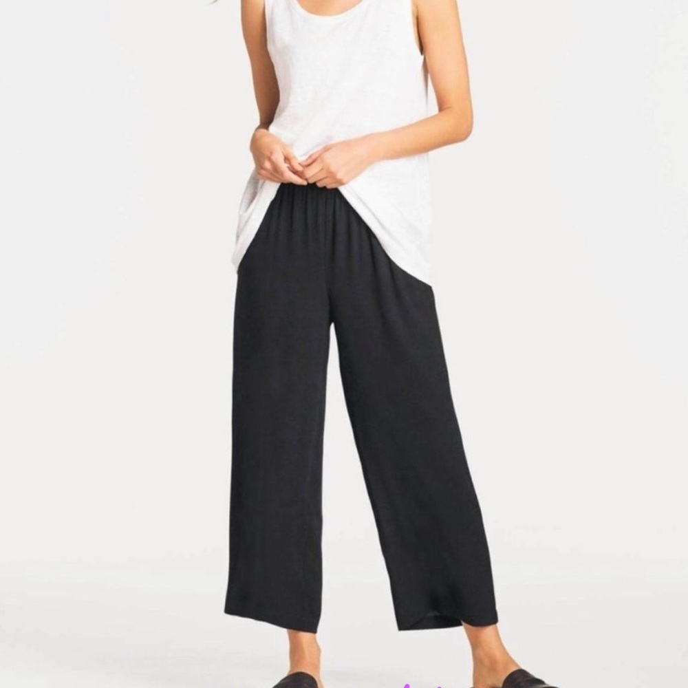 Eileen Fisher Silk Flowy Black Bermuda Wide-Leg Pants Minimalist Lagenlook L